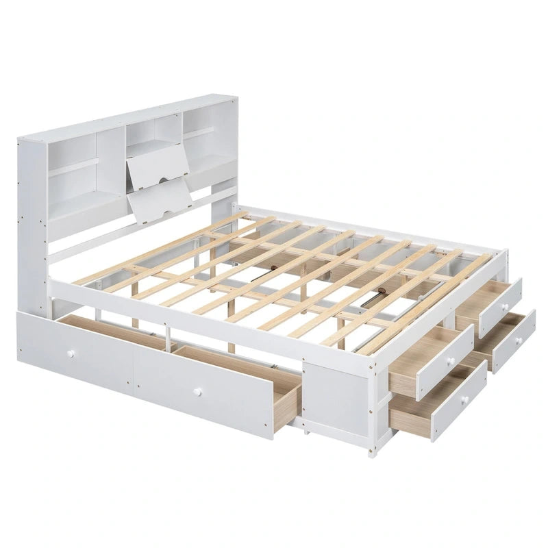 Lit Plateforme Moderne en Bois avec Tête de Lit Rangement et 8 Tiroirs pour Chambre à Coucher