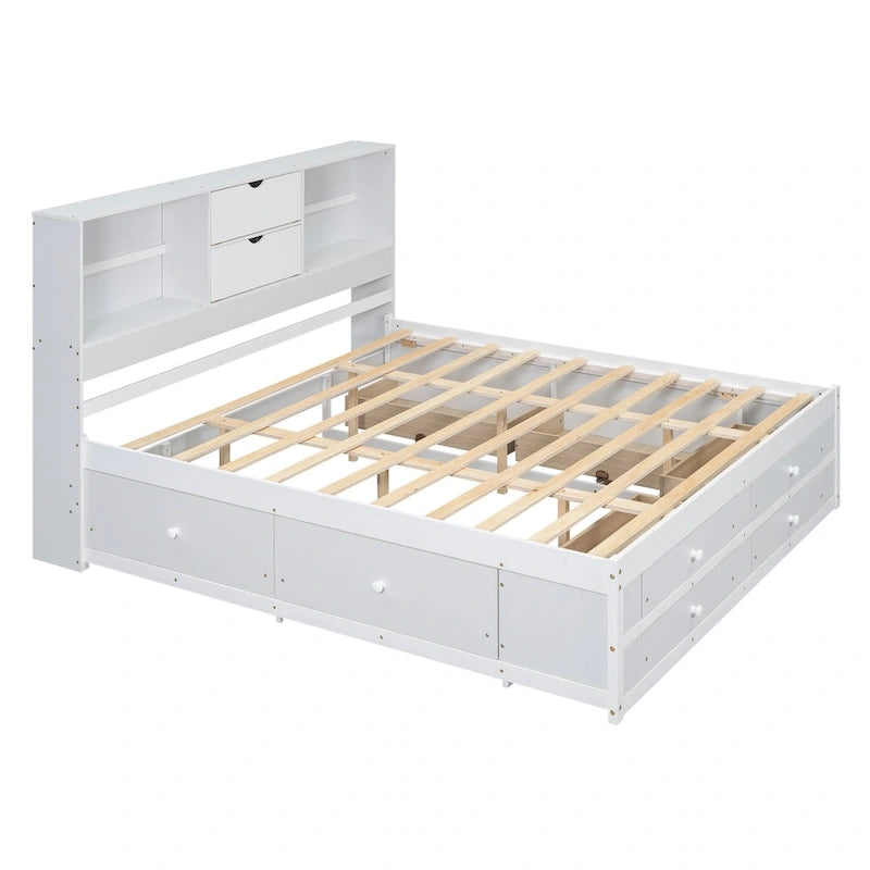 Lit Plateforme Moderne en Bois avec Tête de Lit Rangement et 8 Tiroirs pour Chambre à Coucher