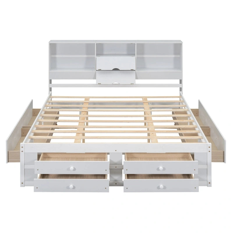 Lit Plateforme Moderne en Bois avec Tête de Lit Rangement et 8 Tiroirs pour Chambre à Coucher