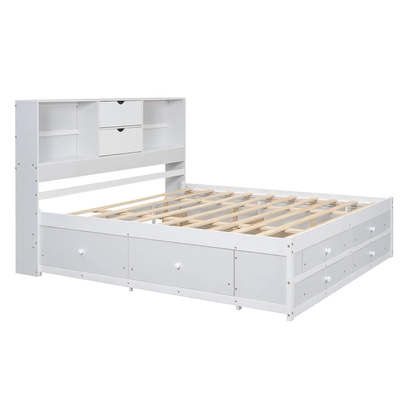 Lit Plateforme Moderne en Bois avec Tête de Lit Rangement et 8 Tiroirs pour Chambre à Coucher