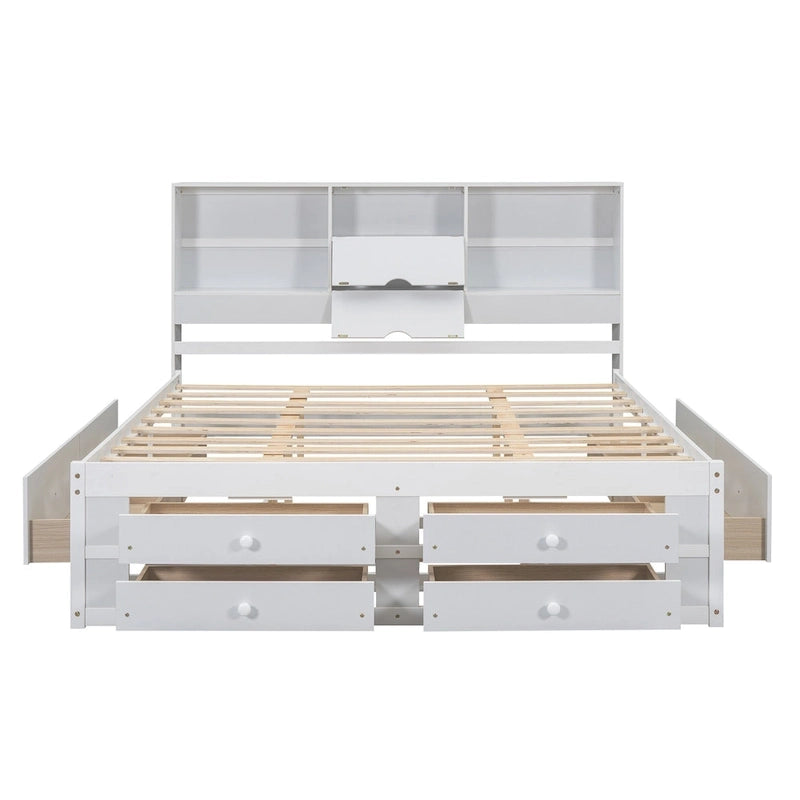 Lit Plateforme Moderne en Bois avec Tête de Lit Rangement et 8 Tiroirs pour Chambre à Coucher