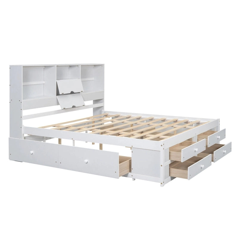 Lit Plateforme Moderne en Bois avec Tête de Lit Rangement et 8 Tiroirs pour Chambre à Coucher