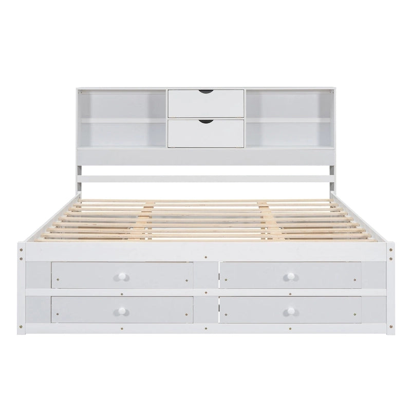 Lit Plateforme Moderne en Bois avec Tête de Lit Rangement et 8 Tiroirs pour Chambre à Coucher