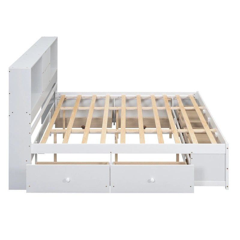 Lit Plateforme Moderne en Bois avec Tête de Lit Rangement et 8 Tiroirs pour Chambre à Coucher