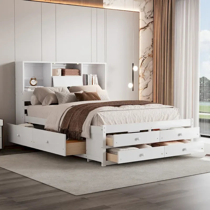 Lit Plateforme Moderne en Bois avec Tête de Lit Rangement et 8 Tiroirs pour Chambre à Coucher