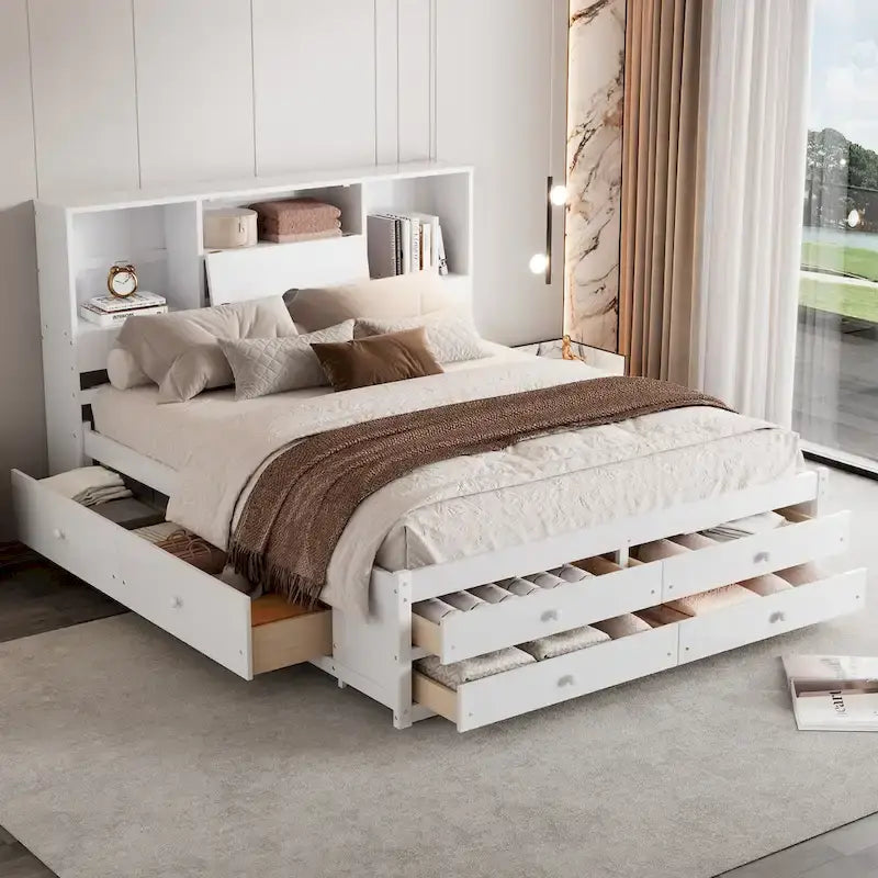 Lit Plateforme Moderne en Bois avec Tête de Lit Rangement et 8 Tiroirs pour Chambre à Coucher