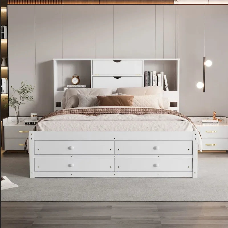 Lit Plateforme Moderne en Bois avec Tête de Lit Rangement et 8 Tiroirs pour Chambre à Coucher