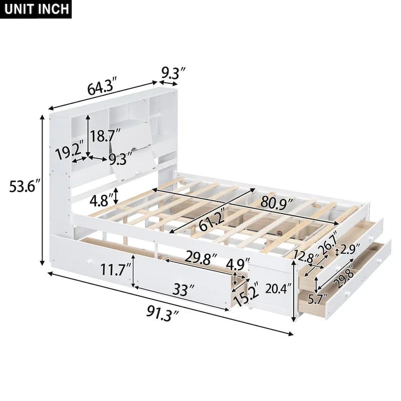Lit Plateforme Moderne en Bois avec Tête de Lit Rangement et 8 Tiroirs pour Chambre à Coucher