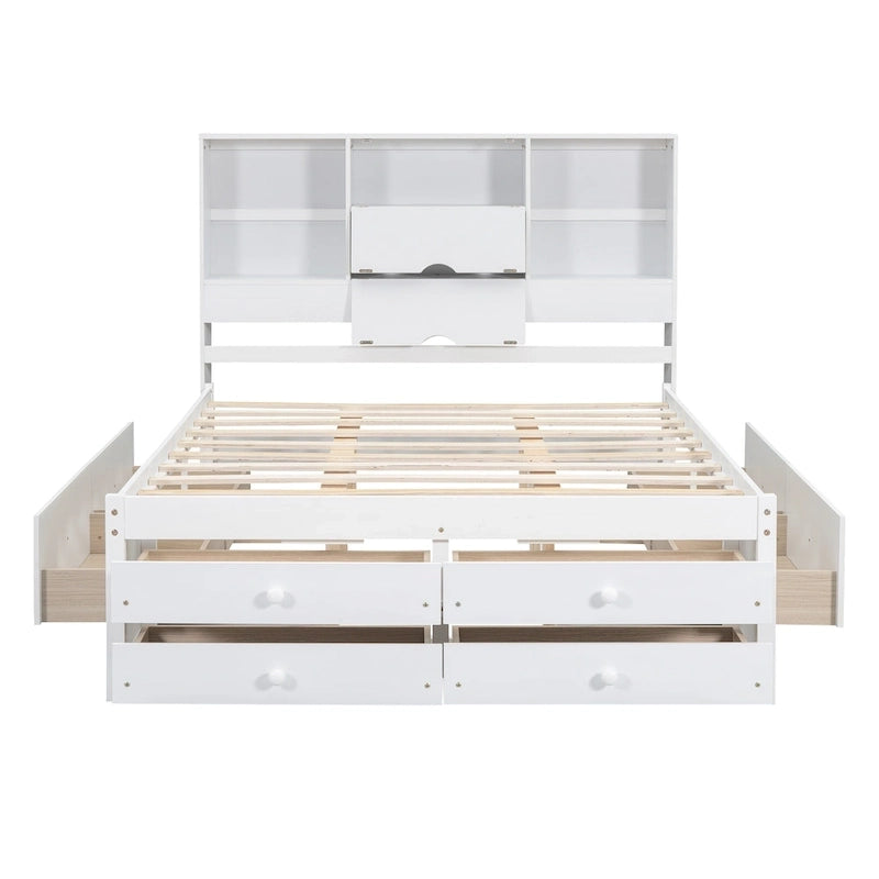 Lit Plateforme Moderne en Bois avec Tête de Lit Rangement et 8 Tiroirs pour Chambre à Coucher
