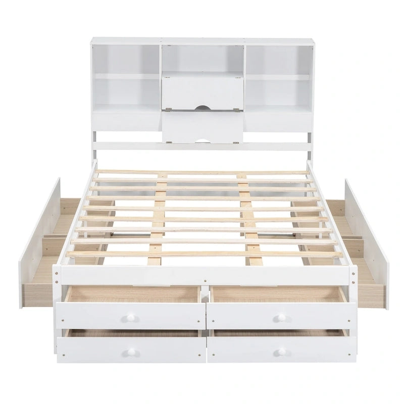 Lit Plateforme Moderne en Bois avec Tête de Lit Rangement et 8 Tiroirs pour Chambre à Coucher