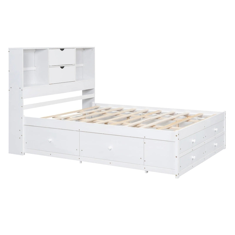 Lit Plateforme Moderne en Bois avec Tête de Lit Rangement et 8 Tiroirs pour Chambre à Coucher