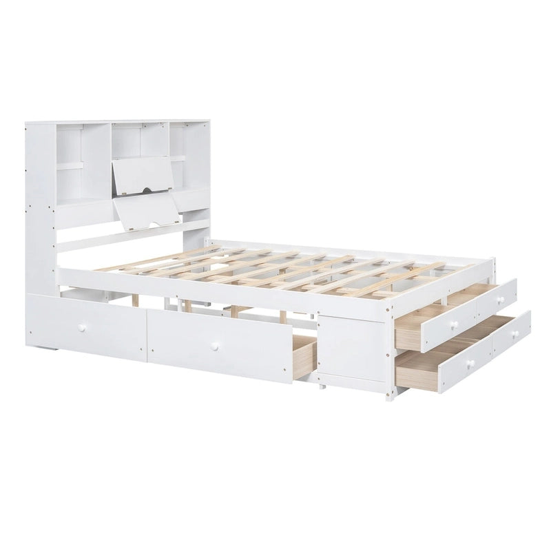 Lit Plateforme Moderne en Bois avec Tête de Lit Rangement et 8 Tiroirs pour Chambre à Coucher