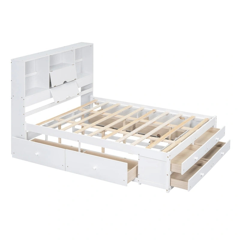Lit Plateforme Moderne en Bois avec Tête de Lit Rangement et 8 Tiroirs pour Chambre à Coucher