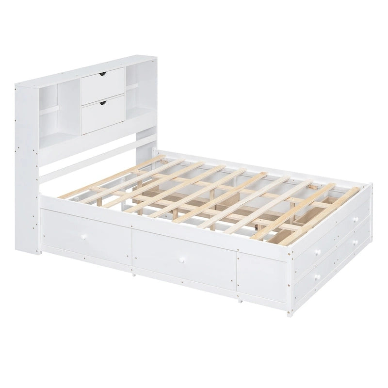 Lit Plateforme Moderne en Bois avec Tête de Lit Rangement et 8 Tiroirs pour Chambre à Coucher