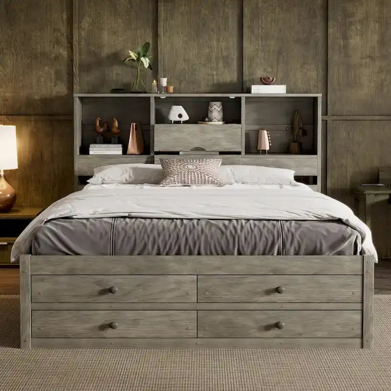 Lit Plateforme Moderne en Bois avec Tête de Lit Rangement et 8 Tiroirs pour Chambre à Coucher