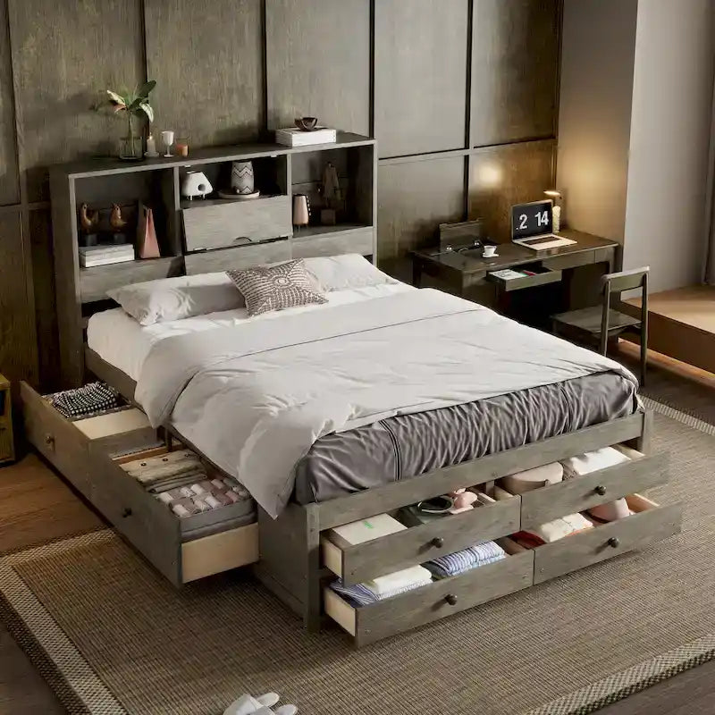 Lit Plateforme Moderne en Bois avec Tête de Lit Rangement et 8 Tiroirs pour Chambre à Coucher