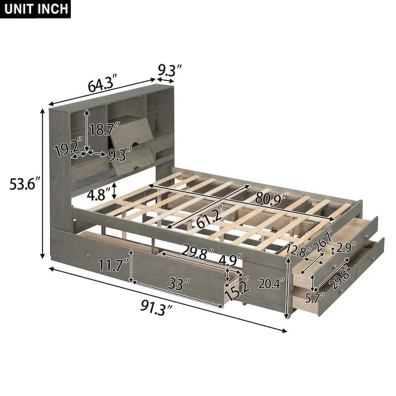 Lit Plateforme Moderne en Bois avec Tête de Lit Rangement et 8 Tiroirs pour Chambre à Coucher