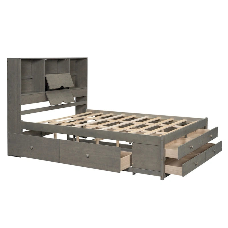 Lit Plateforme Moderne en Bois avec Tête de Lit Rangement et 8 Tiroirs pour Chambre à Coucher