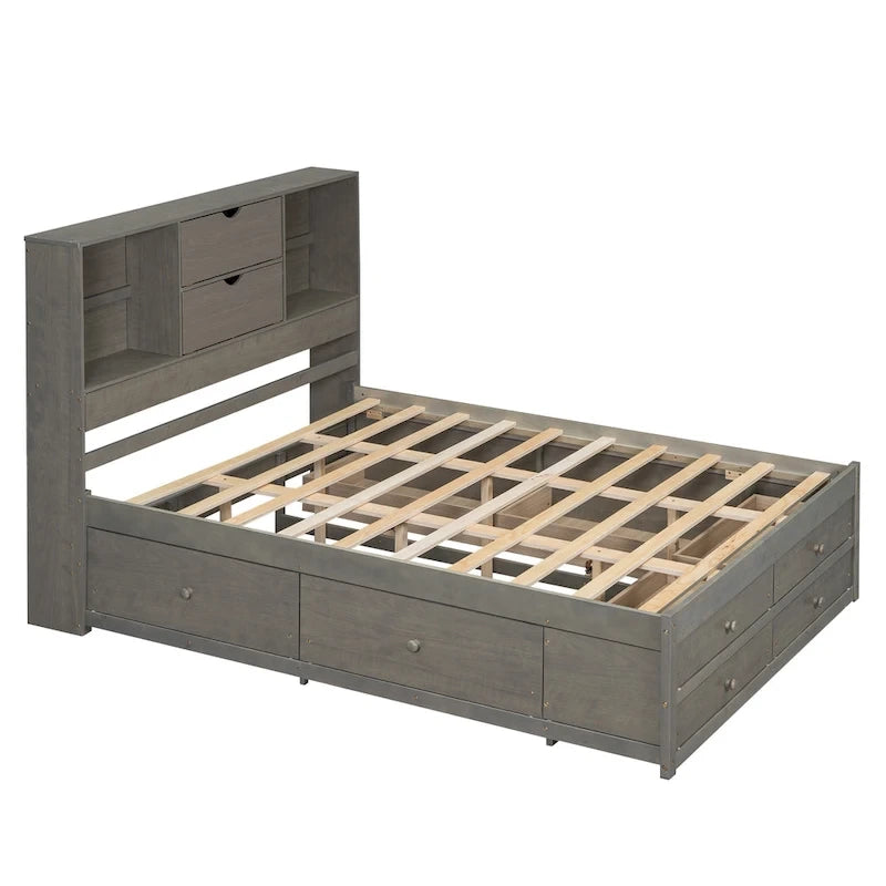 Lit Plateforme Moderne en Bois avec Tête de Lit Rangement et 8 Tiroirs pour Chambre à Coucher