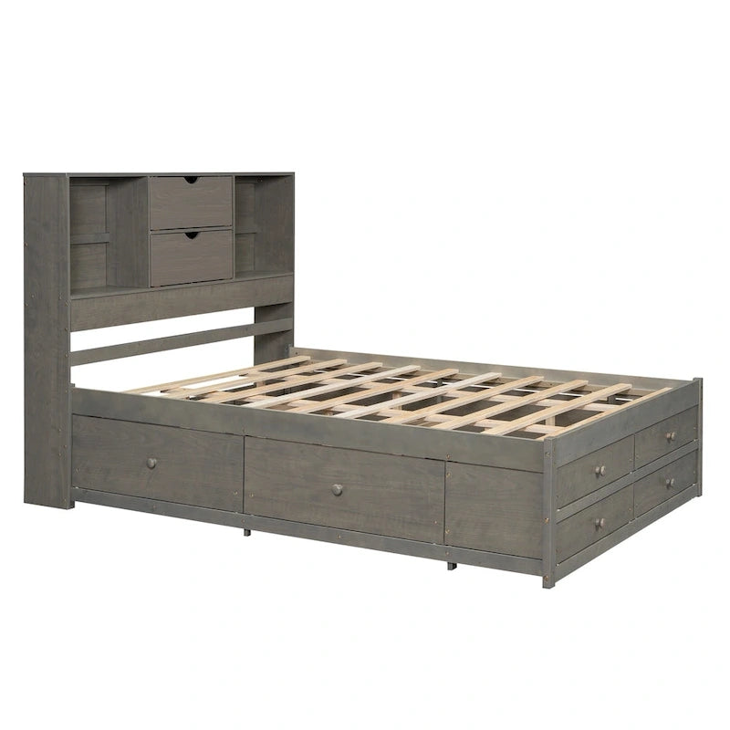 Lit Plateforme Moderne en Bois avec Tête de Lit Rangement et 8 Tiroirs pour Chambre à Coucher