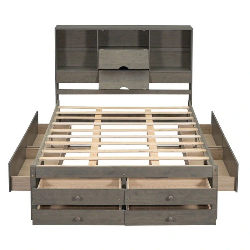Lit Plateforme Moderne en Bois avec Tête de Lit Rangement et 8 Tiroirs pour Chambre à Coucher