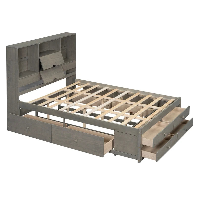 Lit Plateforme Moderne en Bois avec Tête de Lit Rangement et 8 Tiroirs pour Chambre à Coucher