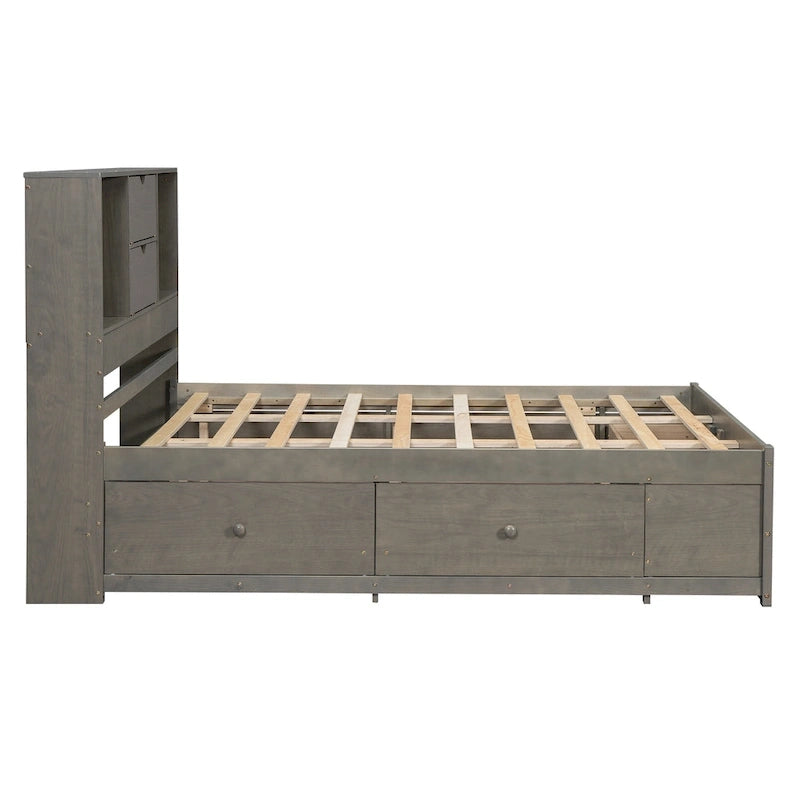 Lit Plateforme Moderne en Bois avec Tête de Lit Rangement et 8 Tiroirs pour Chambre à Coucher