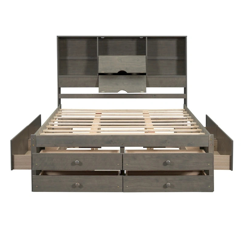 Lit Plateforme Moderne en Bois avec Tête de Lit Rangement et 8 Tiroirs pour Chambre à Coucher