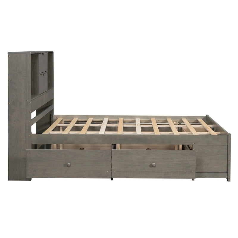 Lit Plateforme Moderne en Bois avec Tête de Lit Rangement et 8 Tiroirs pour Chambre à Coucher