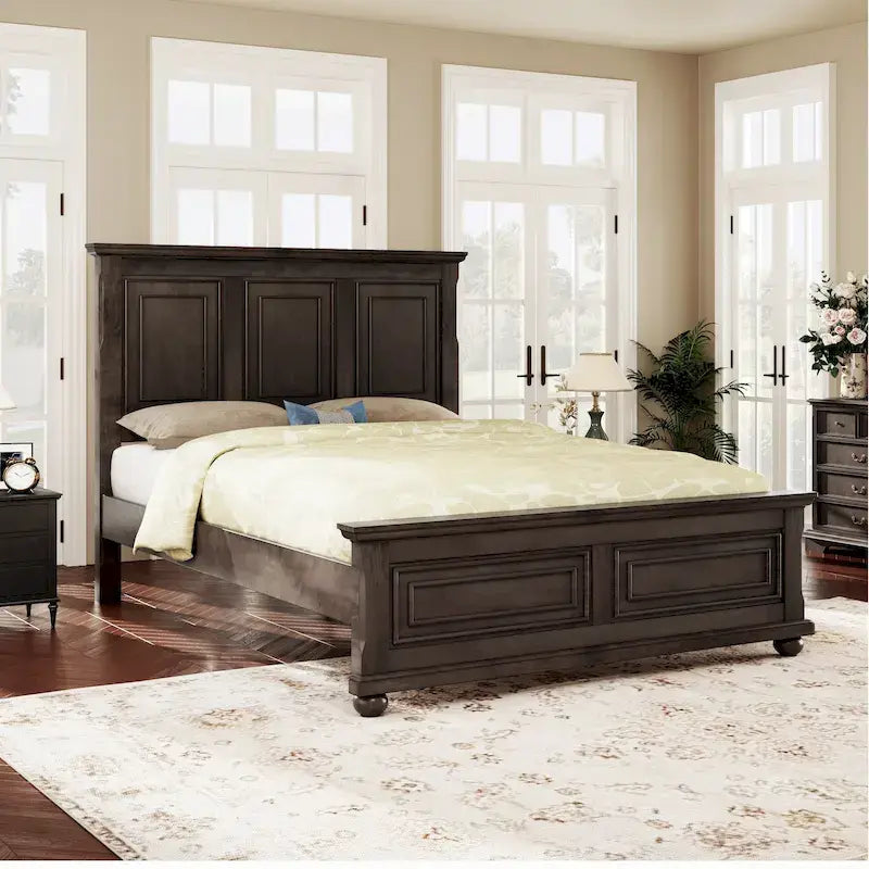 Lit double marron King Size traditionnel en pin avec sommier à lattes en bois