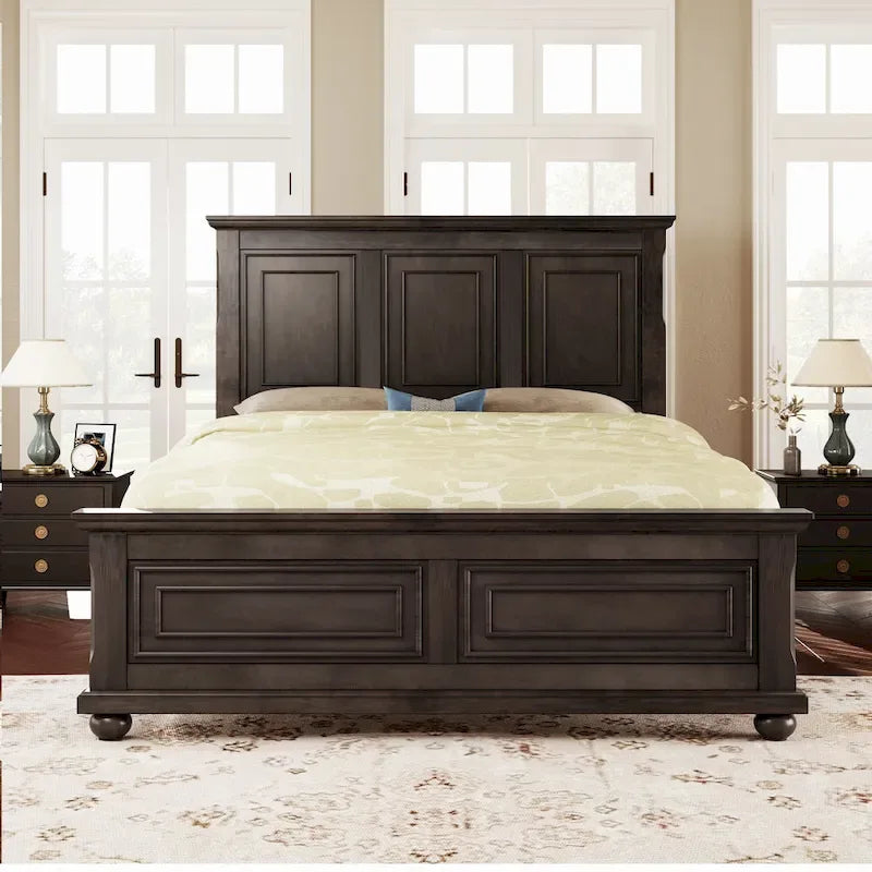 Lit double marron King Size traditionnel en pin avec sommier à lattes en bois