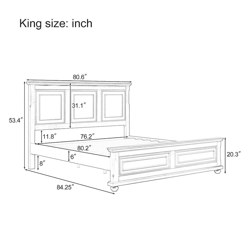 Lit double marron King Size traditionnel en pin avec sommier à lattes en bois
