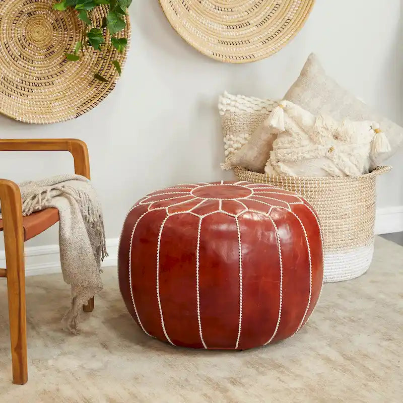 Pouf Bohème en Cuir Véritable avec Broderies Florales