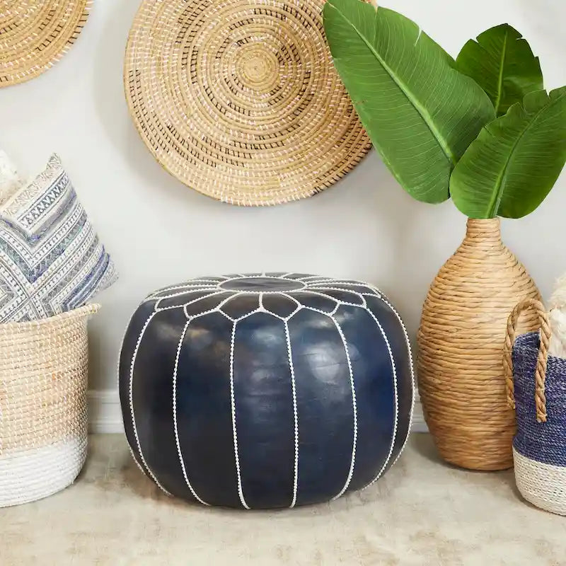 Pouf Bohème en Cuir Véritable avec Broderies Florales