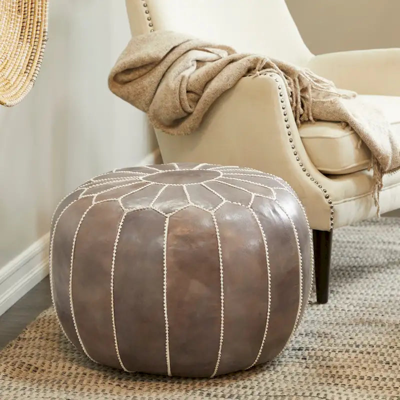 Pouf Bohème en Cuir Véritable avec Broderies Florales