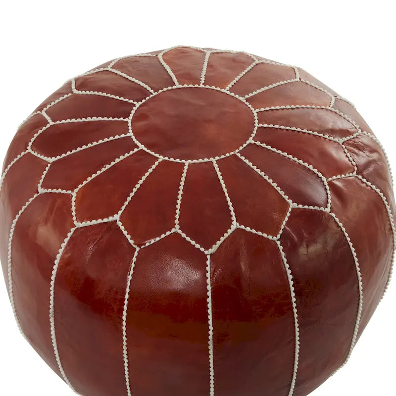 Pouf Bohème en Cuir Véritable avec Broderies Florales