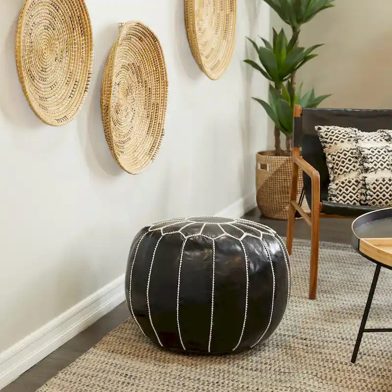Pouf Bohème en Cuir Véritable avec Broderies Florales