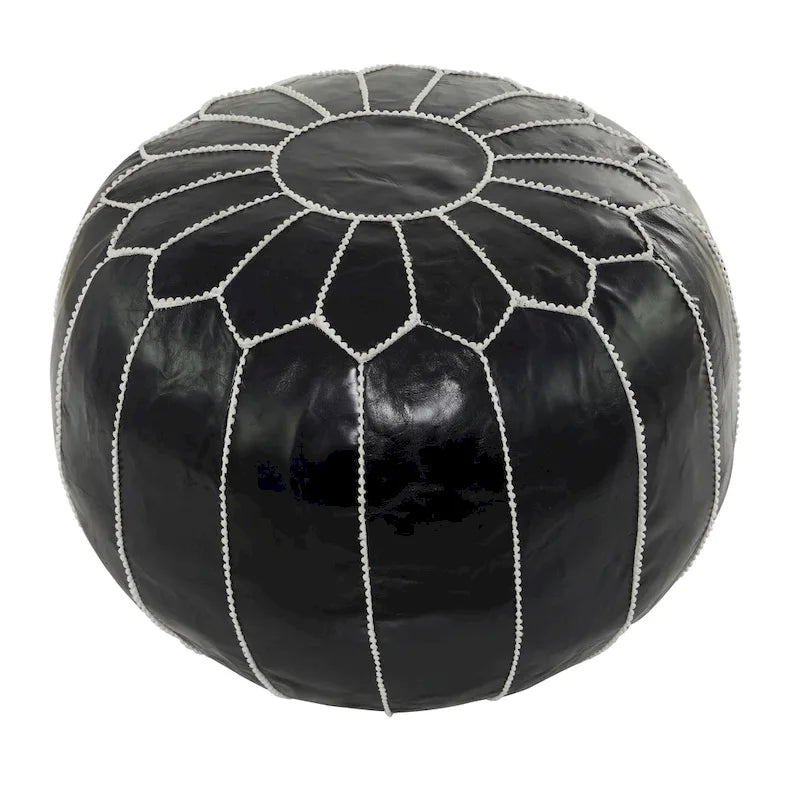Pouf Bohème en Cuir Véritable avec Broderies Florales