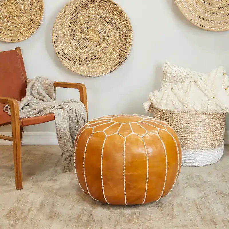Pouf Bohème en Cuir Véritable avec Broderies Florales