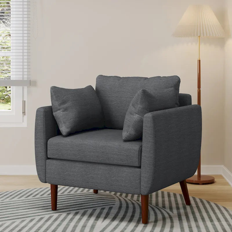 Fauteuil Club Rembourré avec Coussins Décoratifs et Pieds en Noyer
