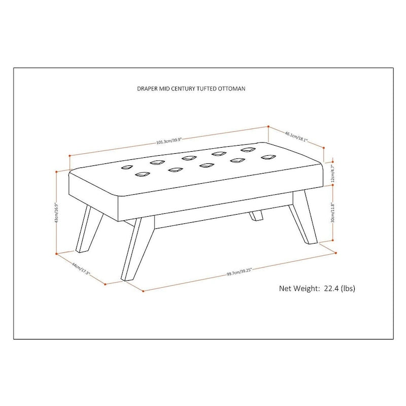 Banc Ottoman Rectangulaire Moderne du Milieu du Siècle de 40 Pouces