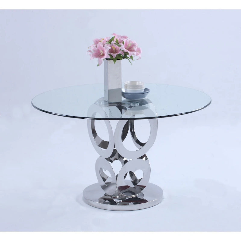Table à manger ronde en verre de 51" avec base annulaire découpée au laser
