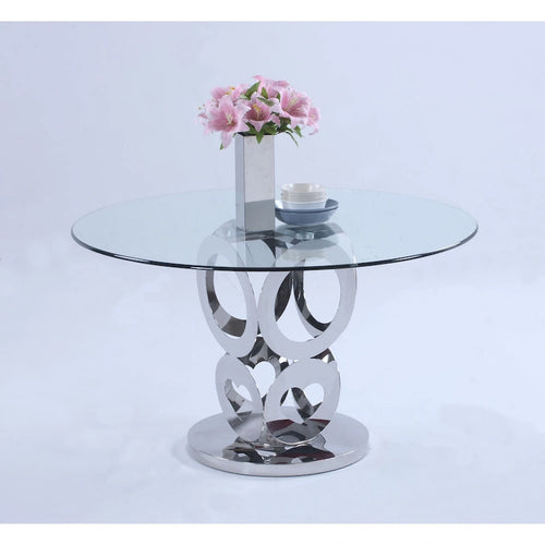 Table à manger ronde en verre de 51" avec base annulaire découpée au laser