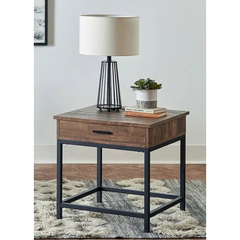 Table d'appoint en bois à 1 tiroir, chêne brun et noir sablé