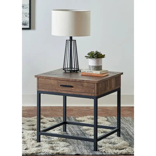 Table d'appoint en bois à 1 tiroir, chêne brun et noir sablé
