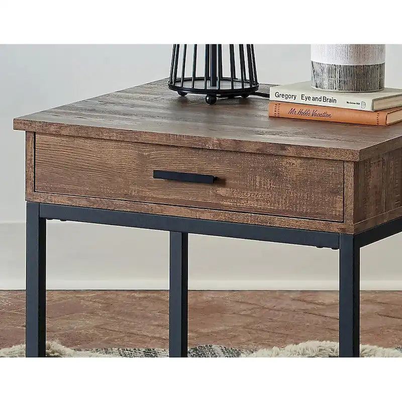 Table d'appoint en bois à 1 tiroir, chêne brun et noir sablé