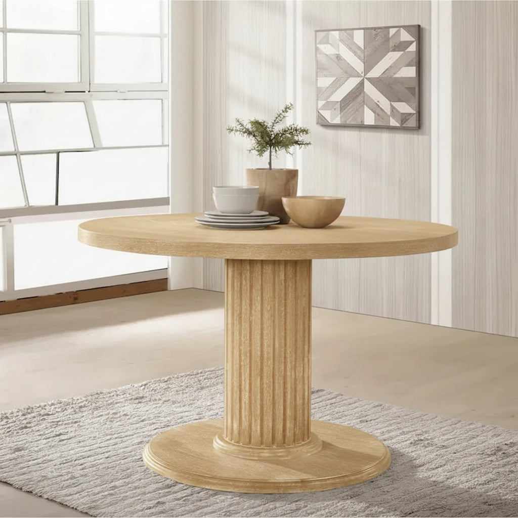 The Gray Barn Spring Mount Wood Pedestal Dining Table in Reclaimed Grey