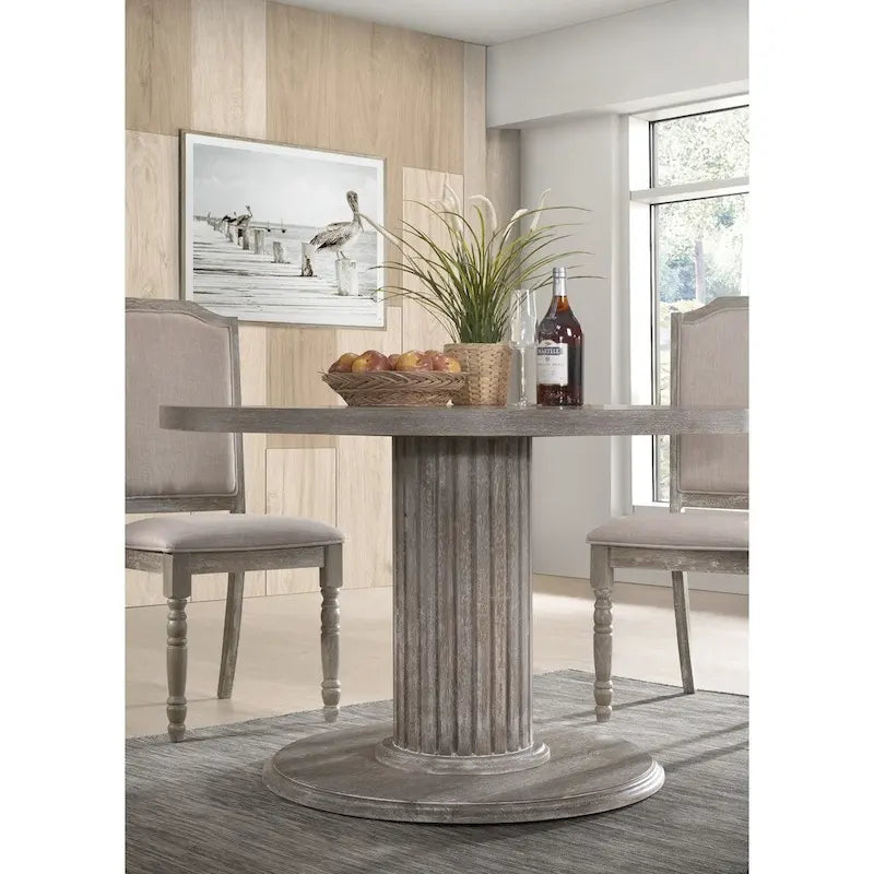 Table à manger sur pied ronde en bois gris recyclé