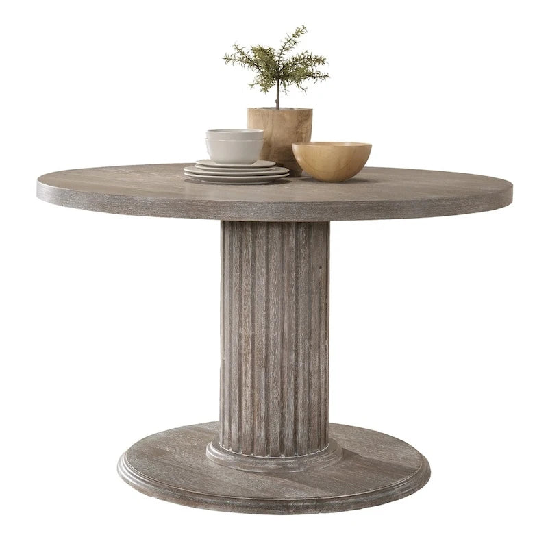 Table à manger sur pied ronde en bois gris recyclé