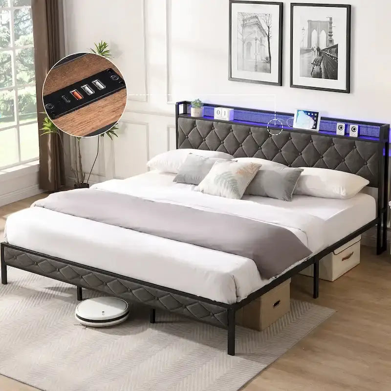 Cadre de lit King avec tête de lit de rangement, station de recharge et lumières LED, lit plateforme rembourré avec lattes métalliques, aucun sommier tapissier requis